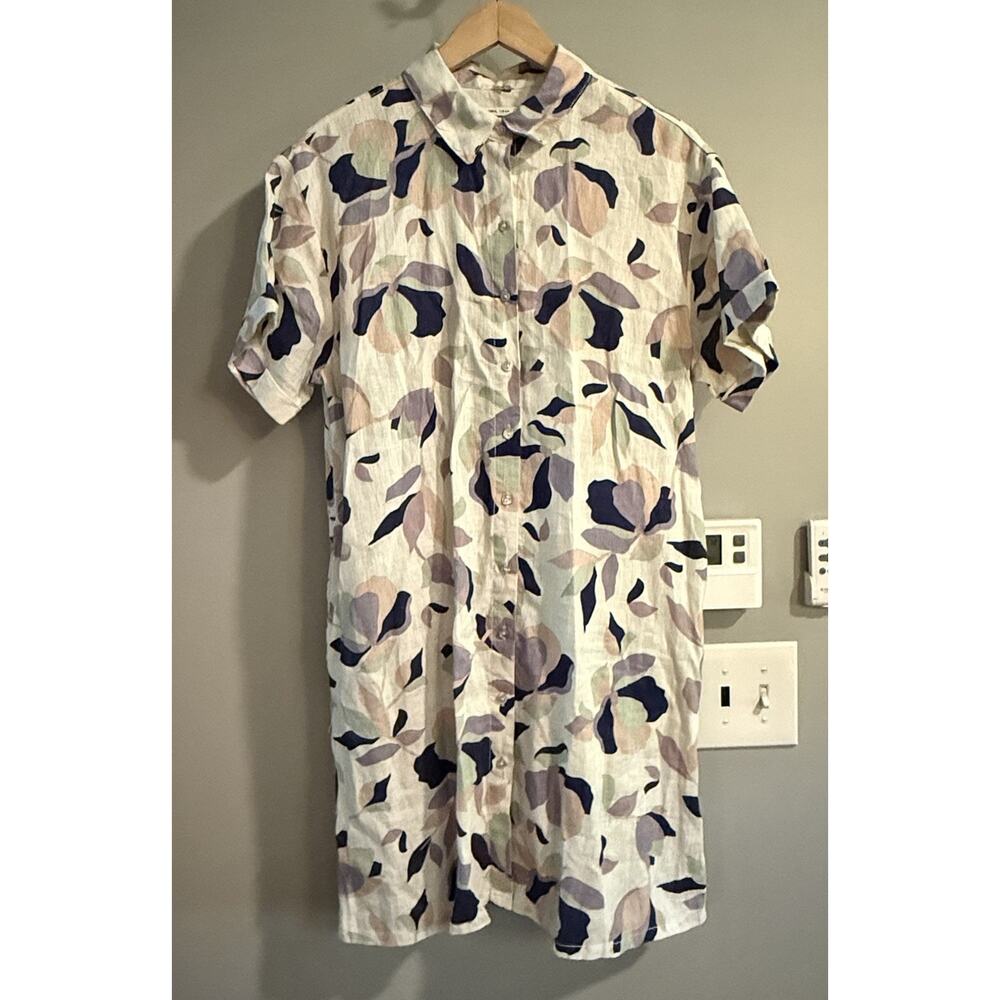 Rachel Zoe Dress Linen Mini Shirt Dress Floral Coastal Women’s‎ Medium Pockets
